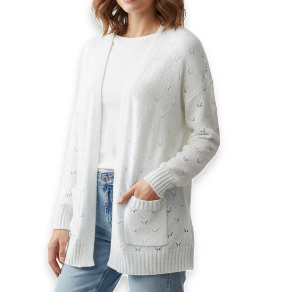 Hippie Rose White Eyelet Open Front Cardigan Size M